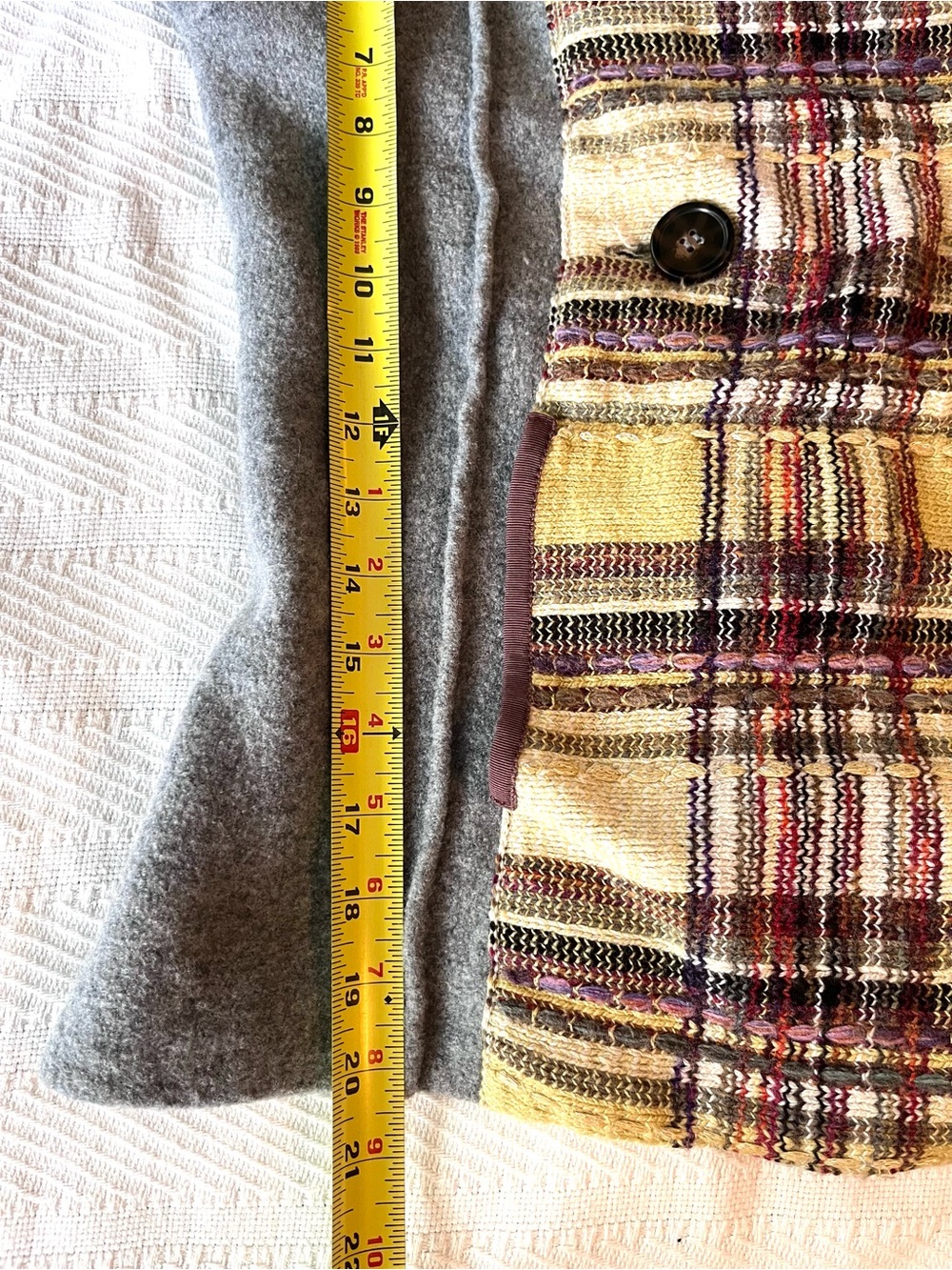 Charlie & Robin Gray Cardi Yellow Plaid Panel, Scalloped Edging, Double Breasted - Picture 7 of 9